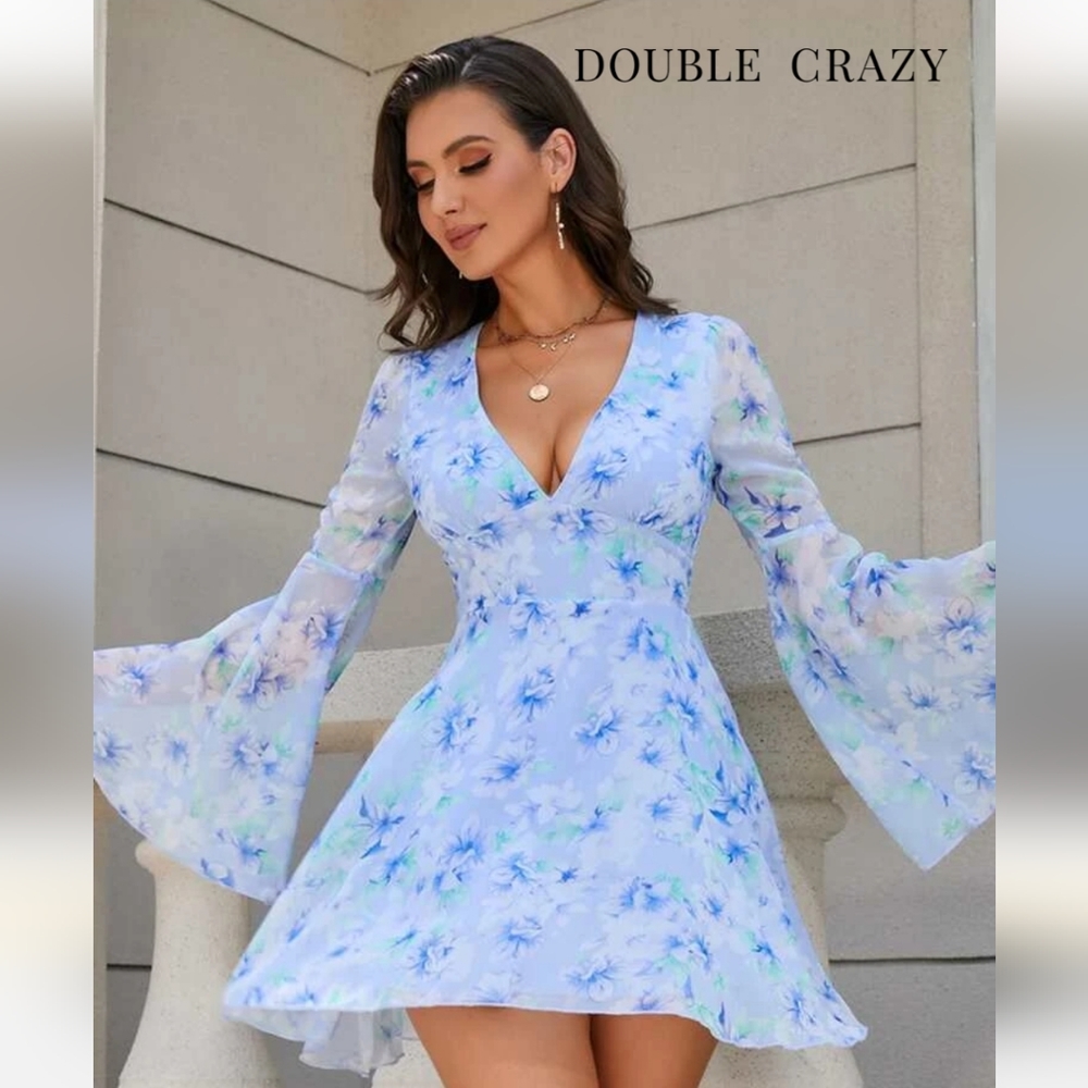 Flare Sleeve Blue Floral Dress size s